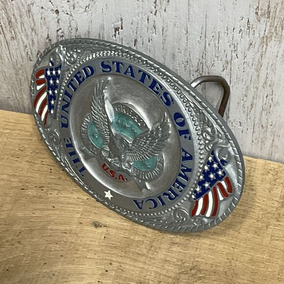 The United States of America Belt Buckle 1986 Mens Patriotic Military Silvertone - Picture 2 of 6